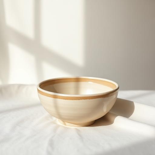 Hand-thrown stoneware bowl in a warm cream glaze resting on pale linen